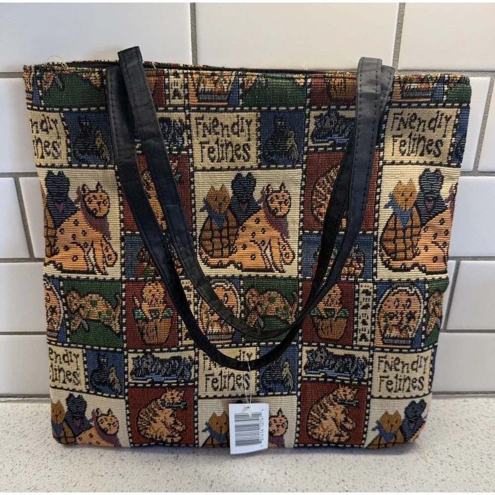Vintage Style Cat Tapestry Tote Bag with Handles Cottagecore 90s Feline 13